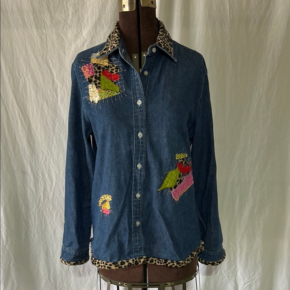 Upcycled French Connection Embroidered Denim Button-Up Shirt with Leopard Trim M